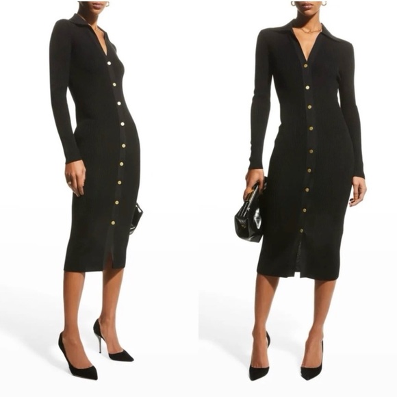 ALICE + OLIVIA Alcina Long Sleeve Button-Up Rib Knit Midi Dress in Black - Picture 4 of 16